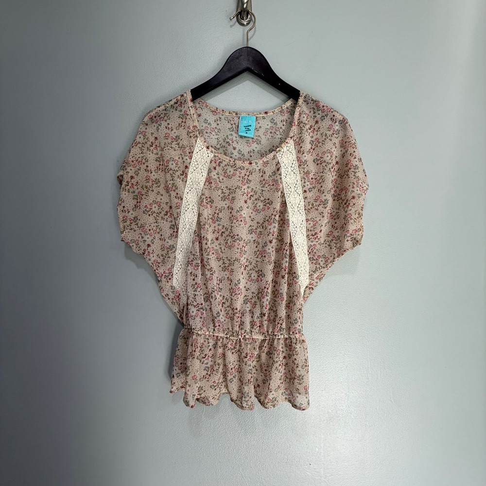 Floral Chiffon‎ Blouse Impressions Sz M Top Peplum Lace Trim Sheer Boho